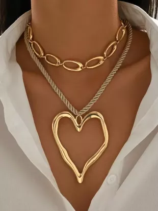 2pcs/Set Fashion Versatile Matte Gold Asymmetrical Hollow Heart Pendant Braided Rope Necklace