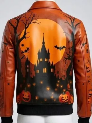 Halloween Haunted Castle Orange Leather Jacket
