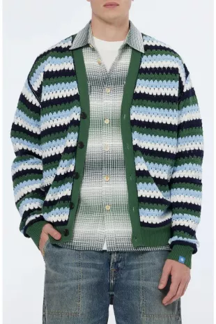 Stripe Open Stitch Cardigan in Sage Green Multi Stripe