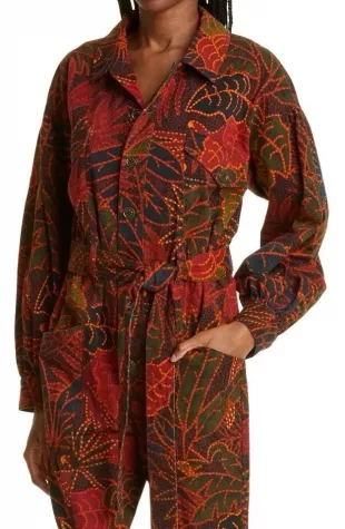 Rainforest Black Red Green Canvas Cotton Denim Print Jumpsuit