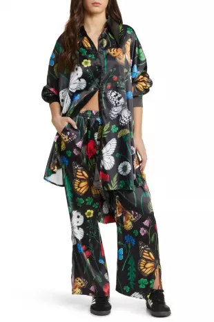Posh Floral Oversize Satin Button-Up Shirt & Pants Set