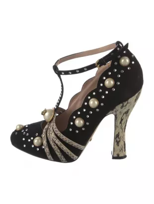 Faux Pearl Accents Suede T-Strap Pumps