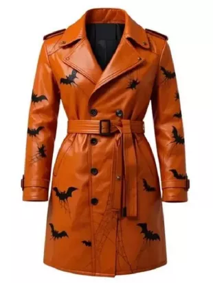 Gothic Jack-o’-Lantern & Bat Orange Leather Trench Coat