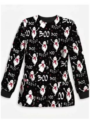 Ghost Print Boo Wooo Halloween Scrub Jacket