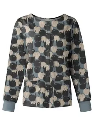 Cat & Pumpkin Print Halloween Scrub Jacket