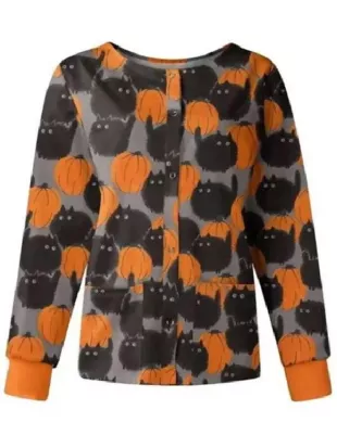 Spooky Black Cat & Pumpkin Print Scrub Jacket