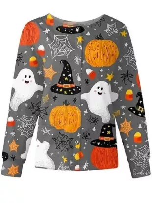 2026 Halloween Ghost Pumpkin Grey Scrub Jacket