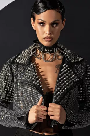 Rhinetstone Bomb Crop Moto Jacket