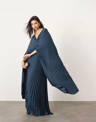 Pleat Twist Detail Flare sSeeve Maxi Dress
