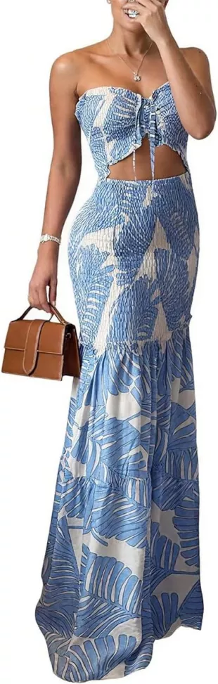 Floral Vacation Dress Halter Tie Ruched Womens Maxi Dress