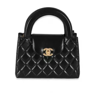 Black Shiny Aged Quilted Calfskin Nano Kelly Shopper Aged Gold Hardware
