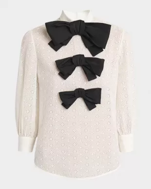 Bow Eyelet Mock-Neck Top