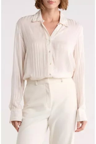 Sheer Stripe Pintuck Button-Up Shirt