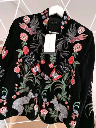 Velvet Blazer Black Embroidered Florial Kimono Coat Jacket