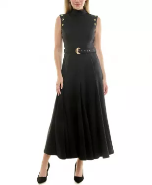 Mock-Neck Grommet A-Line Dress
