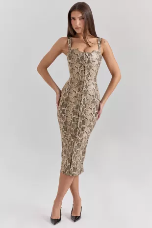 Snakeskin Print Vegan Leather Midi Dress
