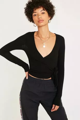 Black Long-Sleeve Wrap Top