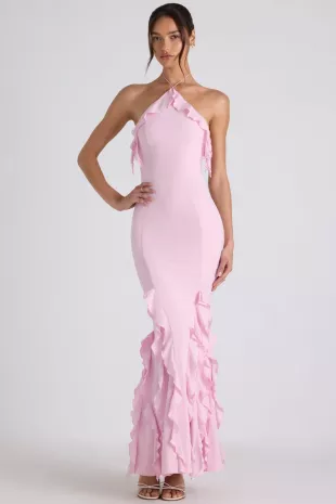 Ruffle-Trim Halterneck Gown