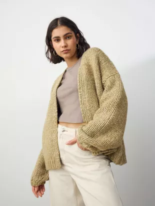Olive Green Neppy Soft Touch Chunky Knit Cardigan