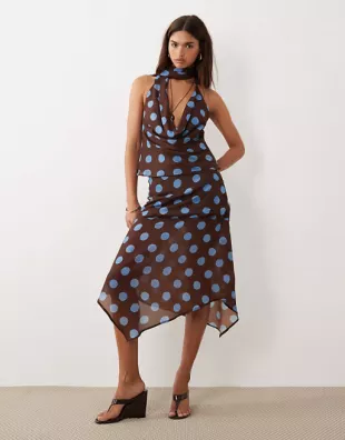 Cowl Neck scarf detail Top and Skirt Set