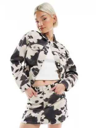 Denim Pocket Detail Jacket Co-Ord in Black & White Cow Print