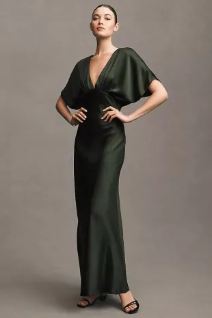 Amelia Deep-V Flutter-Sleeve Satin A-Line Gown