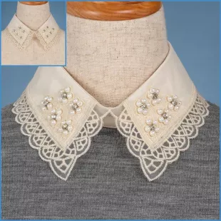 Putney Store Cream False Straight Embroidered Beaded Lace Polyester Collar