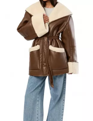 Vegan Leather Bonded Faux Fur Jacket in Brown