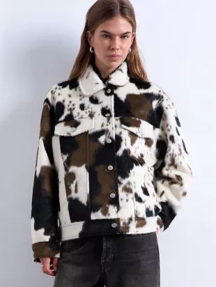 Cow Print Faux Fur Western Trucker Jacket