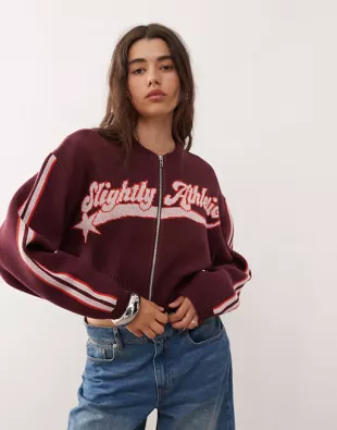 Monki zip up knit bomber cardigan in burgundy with 'slightly athletic' sporty graphic-Red