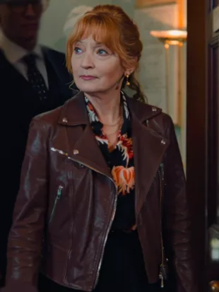Marble Hall Murders 2026 Lesley Manville Brown Leather Jacket