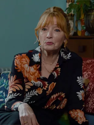 Marble Hall Murders 2026 Lesley Manville Black Floral Blouse
