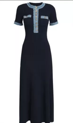 Women's Blue Denim-Trim Knitted Maxi Dress
