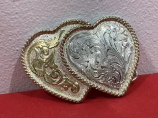 Silver Plate Gold Tone Double Hearts Belt Buckle