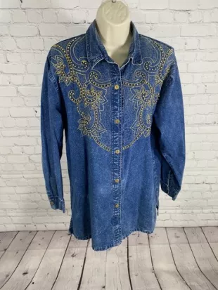 Womens Totally 80s Look Beadazzled Denim Shirt