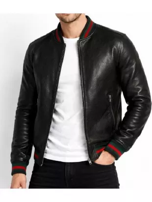 Men’s Striped Rib Knit Collar Black Leather Bomber Jacket