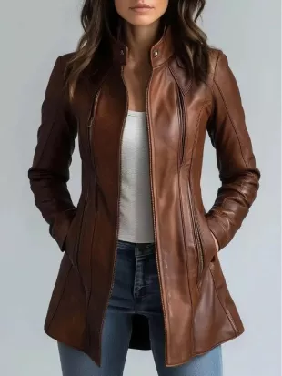 Women’s Cognac Slim Fit Brown Leather Trench Coat