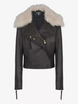 Shearling-collar Lambskin Biker Jacket