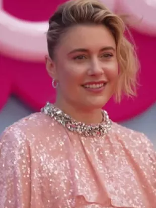 The Social 2026 Greta Gerwig Sequin Pink Cape Gown
