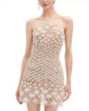Strapless Pearl Embroidered Scallop Dress