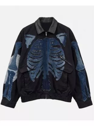 Halloween Denim Patch Rib Cage Black Jacket