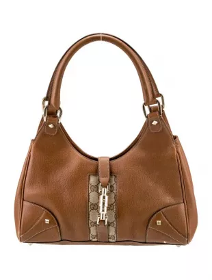 GG Canvas Brown Leather Small Nailhead Jackie Bardot Bag