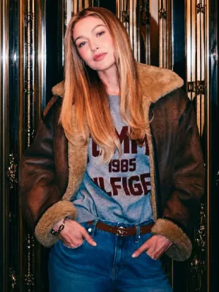 Gigi Hadid Brown Shearling Aviator Jacket