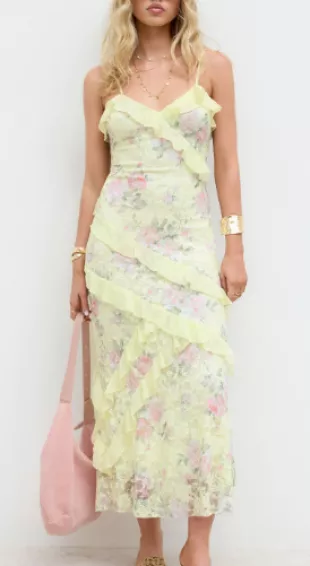 Lace V neck Floral Ruffle Maxi Dress