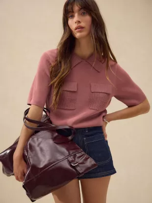Blush Pink Knitted Polo Shirt With Pockets