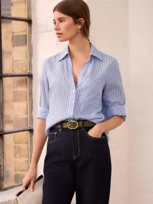 Blue Stripe Soft Relaxed Long Sleeve V Neck Shirt