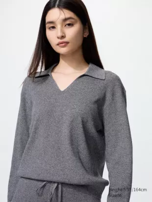 Washable Knit Ribbed Polo Sweater