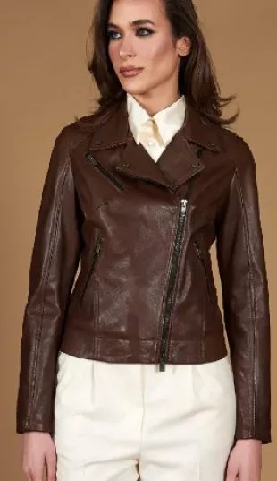 Cloudy Brown Natural Lamb Leather Biker Jacket Cross Zipper