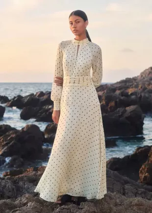 Women's Natural Silk Polka Dot Maxi Dress + Corsage