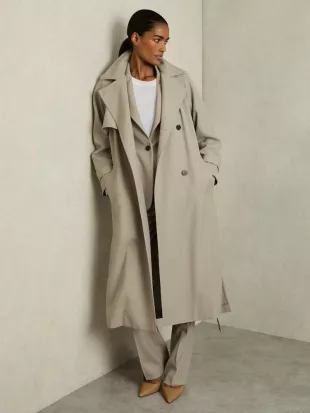 Neutral Maddox Wool-Blend Double-Breasted Trench Coat Worn by